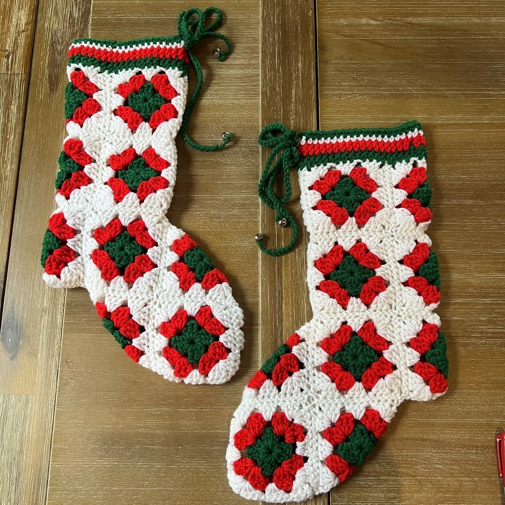 Vtg 2 Christmas Stocking Crochet Granny Square Handmade Red Green White